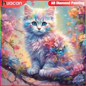 HUACAN Diamond Painting Cartoon Animal Cat Full Square/Round Mosaic Rainbow Flower 5D DIY Paintings For Interior