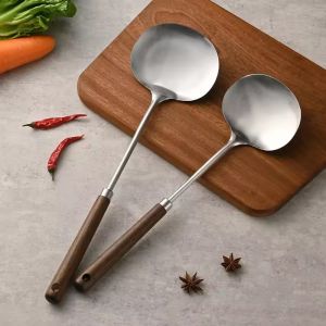 Polocat Stainless Steel Spatula Mushroom Shovel With Wooden Handle Lengthened Cooking Spoon Anti-Scalding Cooking Shovel Kitchenware