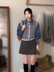 Retro Korean Style Womens Knitted Vest And Denim Shirt Set Early Autumn Fashionable Two-Piece Suit Long Sleeve Polo Collar