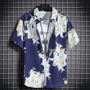 Hawaiian beach shirts Mens short-sleeved casual shirts Seaside vacation quick-drying clothes Loose floral tops