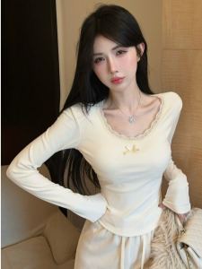 Elegant French Lace Splice Long Sleeve Base Shirt Womens Fashionable Inner Wear T-Shirt Trendy Commute Simple Style Pure Color