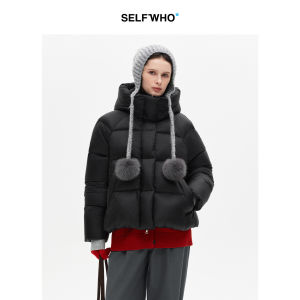Black Stitched High-necked Hooded 90% White Duck Down Womens Down Jacket