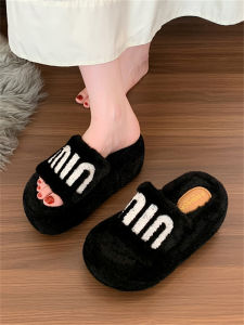Platform Shoes Thick Sole Plush Cotton Slippers Female Winter Wear Height Increasing Small 2024 New Arrival Internet Celebrity Niche Style Fluffy Shoes