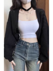 Lightweight Early Autumn Black Hollow out Knitted Cardigan Womens Lazy Style Batwing Sleeve Sun Protection Open Cardigan Outerwear