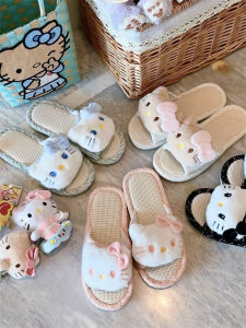 รองเท้าแตะผ้าฝ้ายลินินลายแมวสุดน่ารักสำหรับผู้หญิง รองเท้าแตะแบบสวมสบายในบ้าน ระบายอากาศได้ดี ป้องกันการลื่น รองเท้าแตะพื้นแบน