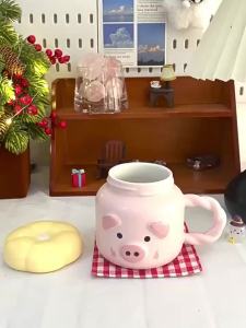 《302》Creative Cute Pig Ceramic Mugs with Lid Water Cups for Home Office Childrens Birthday Gifts Idea Cute Porcelain Cup