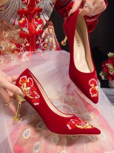 Embroidered Bride Shoes Womens Pointed Toe Shoes 2024 Spring New Chinese Style Small Crowd High Heels Not Tiring Feet