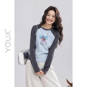 YOUXIANG | Áo Thun In Hình Raglan Màu Block Phong Cách Retro Cổ Điển