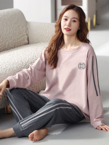 Bộ Đồ Ngủ Dài Tay Cotton Nguyên Chất Cho Nữ Mùa Xuân Thu Thường Ngày Mỏng Cỡ Lớn Quần Dài Họa Tiết Sọc Mặc Nhà