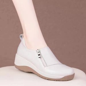 Comfortable round Toe Thick Heel Womens Single Shoes Soft Bottom Casual Fashion Leather Shoes Deep Mouth Slip-On Loafers