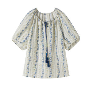 XIANGYING | Áo Blouse Thoáng Khí Hoa Thêu Linen Rộng Rãi