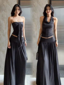 American Style Hot Girl Neck Hanging Dress Women Summer Grey Tube Top High Waist Slimming Half Skirt One Whole Set Sweet Style