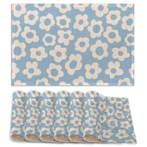 1PCS Washable Vintage Groovy Blue Flowers Print Placemats Non-Slip Heat-Resistant Thick Decorative Geometric Linen Table Mats