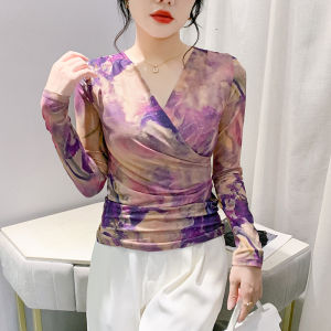 REHIN ใหม่ฤดูใบไม้ผลิ/ฤดูใบไม้ร่วงเสื้อคอวีแต่งระบายแขนยาวเสื้อยืดมัดย้อมสีชมพูพิมพ์ลายเข้ารูปแฟชั่นสำหรับผู้หญิง