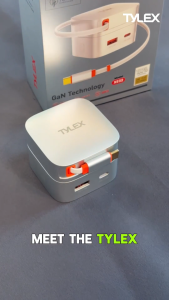 TYLEX XE32 65W GaN Fast Charger: Built-in Retractable Cable Worldwide Plugs & Compact Design