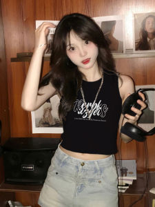 สไตล์อเมริกัน แขนกุด ฤดูร้อน เสื้อกล้าม ผู้หญิง พลัสไซส์ เซ็กซี่ พรางหุ่น สีดำ เสื้อยืดสวมใส่กลางแจ้ง สาวฮอต ลำลอง Top