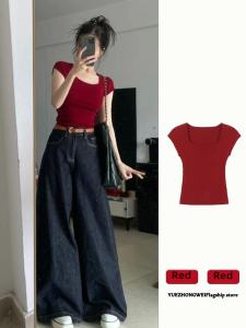 Red Square Collar Shoulder Ice Silk Knitted Short Sleeve T-shirt Womens Summer Niche Style Chic Silm Sweet and Spicy Clavicle Small Top