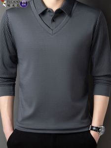 Woodpecker Áo Thun Nam Dài Tay Dáng Rộng Cotton Thoáng Khí Công Sở Sơ Mi Cho Trung Niên Với 3d Hiệu Ứng Ve Áo