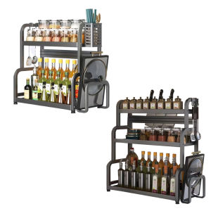 【Homelements】2/3 Layer Spice Organizer Carbon Steel Spice Shelf with 4 Hooks Seasoning Organizer Multi-Function Kitchen Accessories