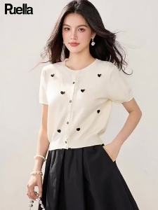 puella | Áo Cardigan Len Có Cổ Tròn Tay Ngắn Thêu Ren Phong Cách Pháp