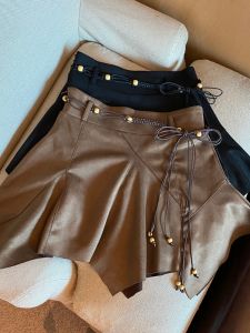 GUZILIAN | High Waist Suede Mini Skirt Womens Autumn Fashion American Retro Design Asymmetrical A-Line Short Skirt Coffee Color