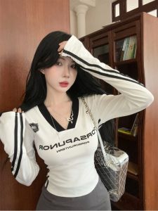 GUZILIAN | American Style Long Sleeve Letter Print T-Shirt Women Early Autumn New Small Design Slimming Short Top Commute Simple Style