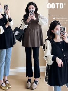 Maternity Clothes Autumn Fashion Color Block Long Sleeve Square Collar Loose plus Size Slimming Baby Doll Shirt Pregnancy Clothes