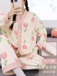 Pajamas Womens Spring and Autumn Warm Cardigan Air Cotton Sandwich Suit Can Outwear Winter Long Sleeves Confinement Clothing Homewear