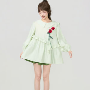 Keiko | Mint Green Rose Embroidery Long Sleeve Shirt Sweet Ruffle Loose Slimming
