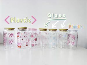 500ml Cute Bow Glass Cup Tumbler Mason Jar Shaped Water Bottle With Lids Straw Coffee Cups Party Gift for Iced Coffee Juice Cup