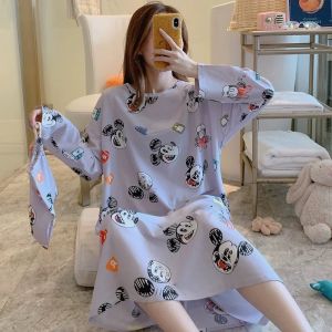 Comfortable Long Sleeve Sleep Dress Womens Loose Casual Home Clothes Spring Summer Autumn Cute Printed Polyester round Neck
