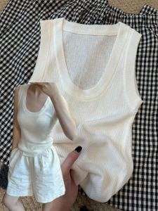 Thin Ice Silk U-Neck Knitted Strap Womens Summer 2025 Sleeveless Top Belly Fat Covering Wavy Texture Vest Lazy Outdoor Wear