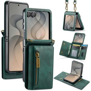 szhaiyu | 2 in 1 Luxury Leather Flip Lanyard Phone Case for Samsung Galaxy Z Flip 8 7 6 5 4 3 7FE Magnetic Zipper Wallet Card Solt Cover