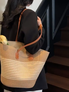 กระเป๋าฟาง ความจุมาก สำหรับผู้หญิง มาใหม่ใน ย 2025 กระเป๋าทอ เหมาะสำหรับริมทะเลและ ชายหาด กระเป๋าโท้ทสะพายไหล่ระดับไฮเอนด์