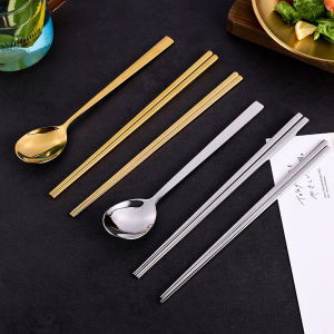 Gold Color 304 Stainless Steel Square Anti-Slip Korean Style Dining Utensils Solid Flat Chopsticks Commercial Use Chopsticks
