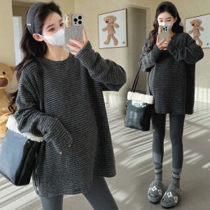 Áo Nỉ Dày Cỡ Lớn Cho Bà Bầu Áo Thun Kẻ Sọc Rộng Rãi Che Mông Mùa Thu Đông Áo Sơ Mi Cơ Bản Bằng Cotton Thoải Mái
