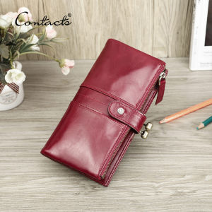 CONTACTS Genuine Leather Long Wallet Women Metal Frame Purse Card Holder Hasp and Zipper Coin Pocket Hold 6.7" Phone RFID Wallet