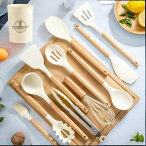 Bộ Dụng Cụ Nấu Ăn Silicone Tay Cầm Gỗ Chịu Nhiệt Cao