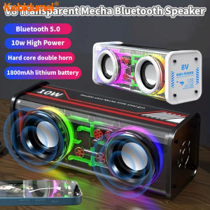 Kebidumei V8 Transparent Mecha Wireless Bluetooth 5.0 Speakers Double Bass Diaphragm Subwoofer Music TWS RGB Light 360° Surround Sound Mini Speaker for Home Outdoor Party