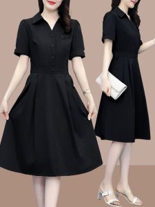 ชุดเดรสยาวทรงเอคอโปโลแขนสั้นผ้าฝ้ายลายพิมพ์ลายสก็อตสไตล์เกาหลีสำหรับผู้หญิงวัยกลางคน ชุดเดรสแขนยาวทรงเอ