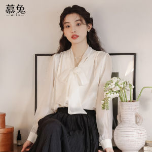 Áo sơ mi MUTU cho nữ làm bằng voan tay dài cổ chữ V thắt nút