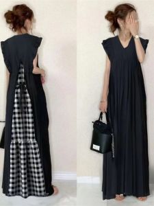 Cross-Border Japanese and Korean Loose V-neck Back Lace-up Ruffled Cuff Dress Womens Summer New Mop Long Dress