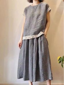 Japanese Fashion Cotton Linen Suit for Women Summer Lace Spliced Plaid Vest Top Wide Leg Pants Skirt Two-Piece Set