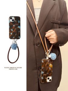 Charming Autumn Winter Brown Blue Gradient Apple 16 iPhone 14 pro Max Vintage 13 pro Fashionable New Model 15 Crossbody 16 pro Lanyard 13 Ball Lanyard