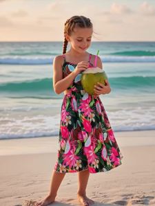 Young Girl Tropical Print Camisole Dress Summer Vacation Style Girl Beach Dress Boho / Hawaiian Party Kids Clothing 5-12 Years