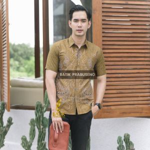 KEMEJA PRIA BATIK PRABUSENO MOTIF CANDIKALA LENGAN PENSEK SIZE SLIMFIT KWALITAS PREMIUM BAHAN KATUN PRINTING LAPIS PURING ERO PRABUSENO BATIK