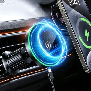 15W Magnetic Car Wireless Charger LED For IPhone12 13 14 15 16 17 Pro Max Car Phone Holder Stand Mount Fast Charging Station