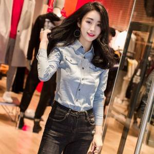 Slim Fit Long Sleeve Denim Shirt Womens Thin Shirt Base Layer Shirt Fashionable Youthful Cotton Blend Business Casual Shirt