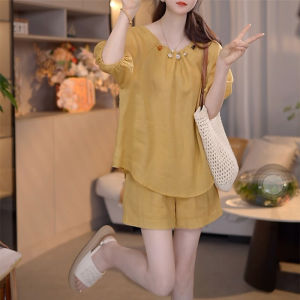 Shalldoer | Dopamine Relaxing Set Womens Round Neck Short Sleeve Shirt Elastic Waist Shorts Two Piece Set Summer 2025 Pure Color Fashion