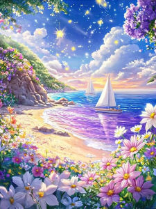 Huacan 5D DIY Diamond Painting Seaside Sailboat Diamond Embroidery Landscape Flower New Collection 2025 Decorative Paintings